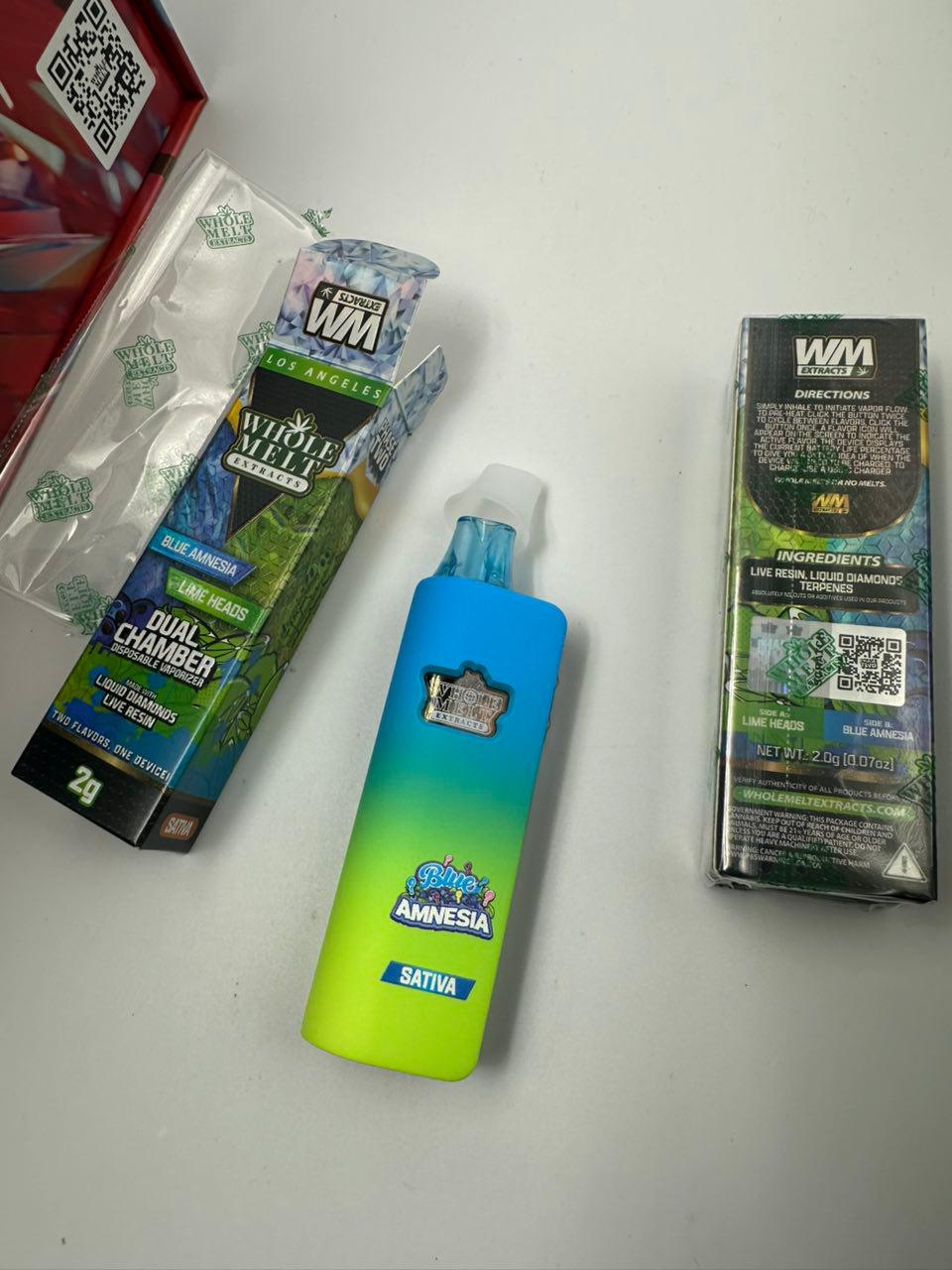 blue-amnesia-lime-heads-dual-chamber-disposable-vape-1.jpeg Whole Melts Dual Chamber 2G Disposable Vape Pen – Blue Amnesia + Lime Heads - Image 1