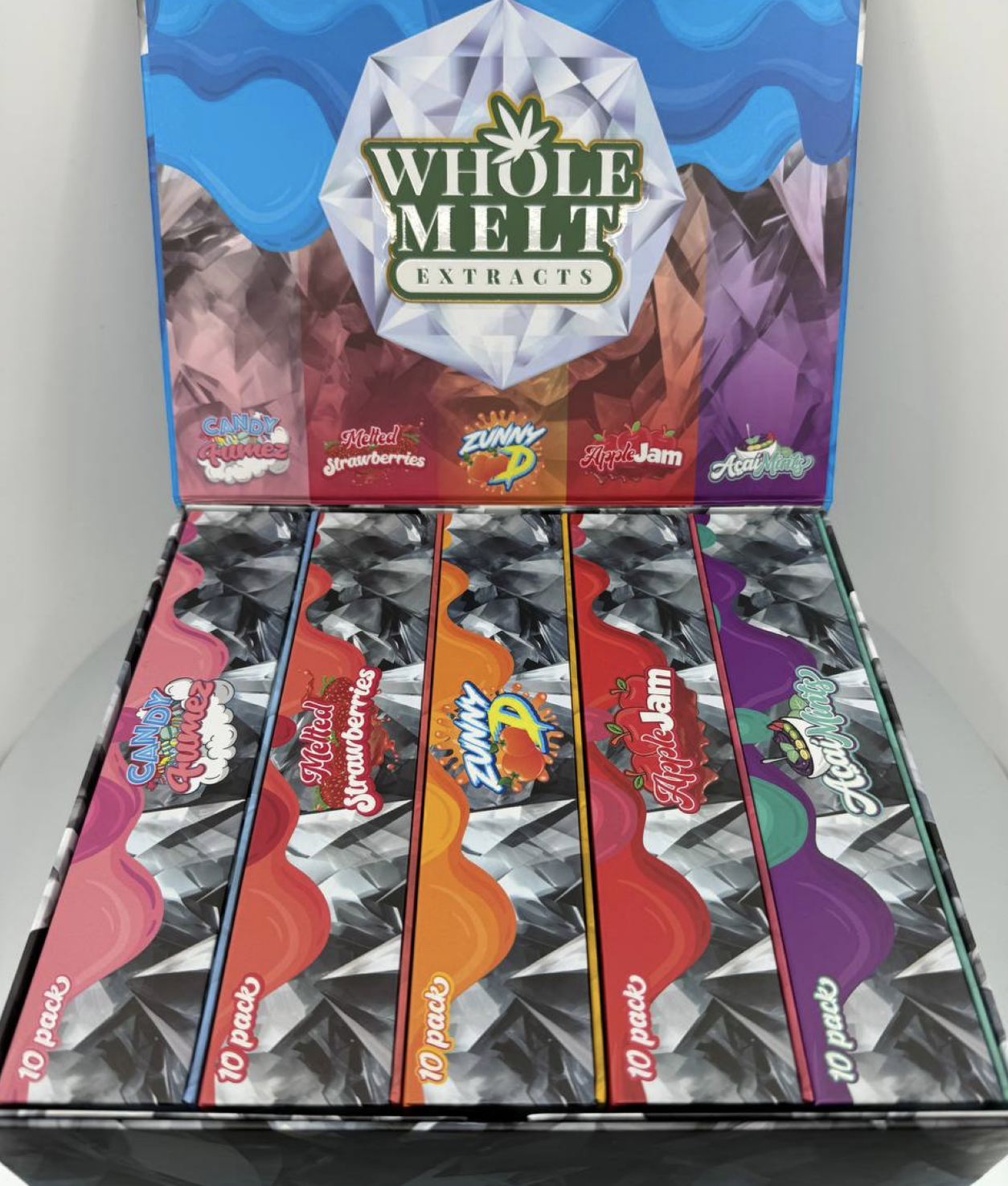 whole-melt-extracts-vape-50-pack-zunny-d-apple-jam-melted-strawberries-candy-fumez-acai-mints.png Whole Melt Extracts Vape (50 Pack) - Image 1
