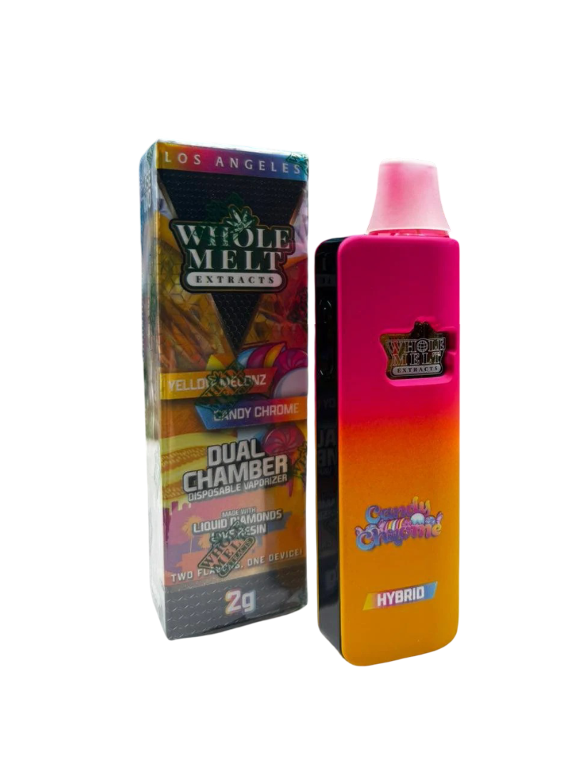 yellow-melonz-candy-chrome-dual-chamber-disposable-vape-1.png Whole Melts Dual Chamber 2G Disposable Vape Pen – Yellow Melonz + Candy Chrome - Image 1